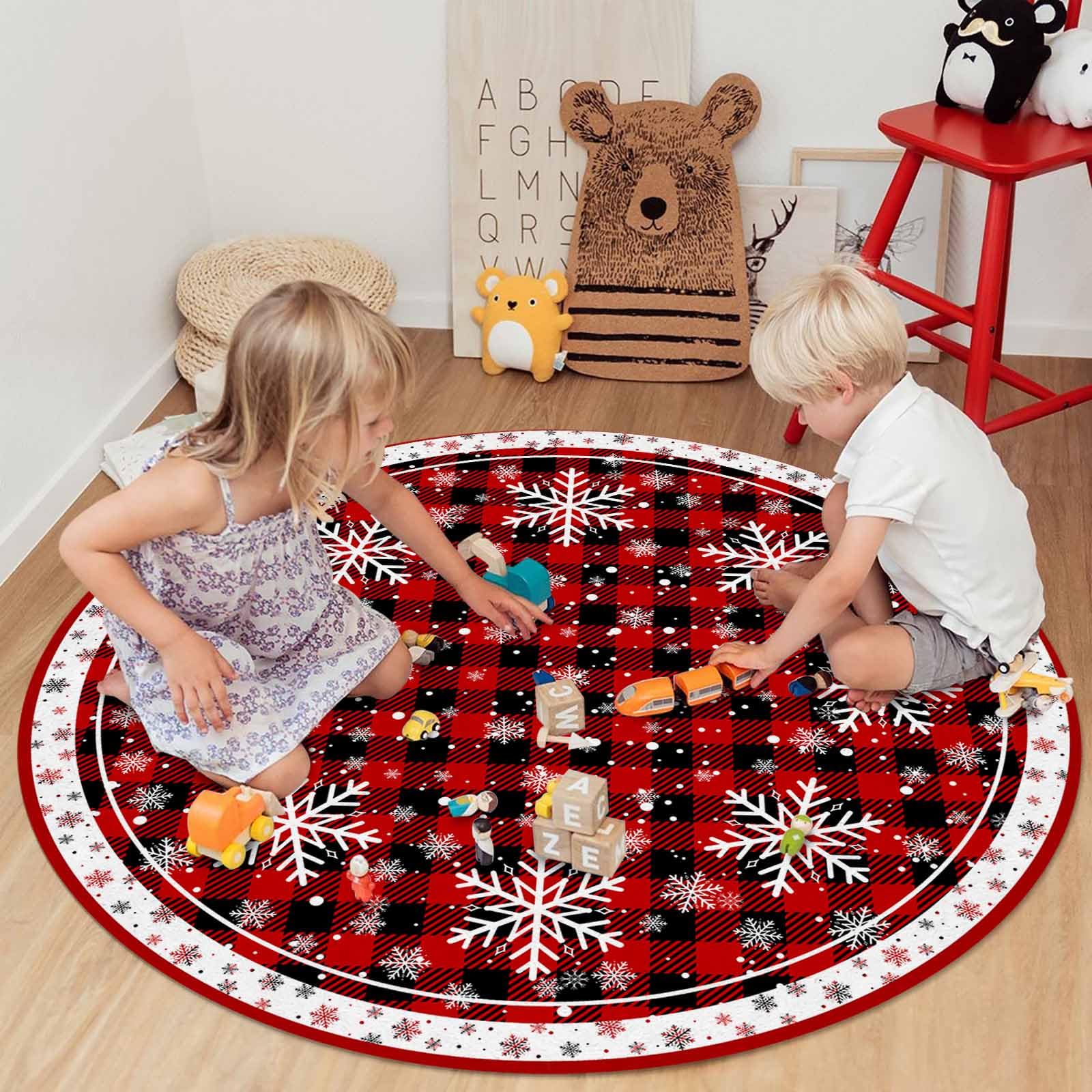 Red Christmas Round Area Rug 4ft Buffalo Plaid Farmhouse Snowflake Washable Outdoor Indoor Carpet Runner Rug for Bedroom,Kitchen,Bathroom,Living/Dining/Laundry Room,Office Large Bath Door Floor Mat