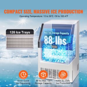 Commercial Ice Maker, 265lbs/24H, Ice Maker Machine, 126 Ice Cubes in 12-15 Minutes, Freestanding Cabinet Ice Maker with 88lbs Storage Capacity LED Digital Display (Electric Drainage, 265lbs/day)