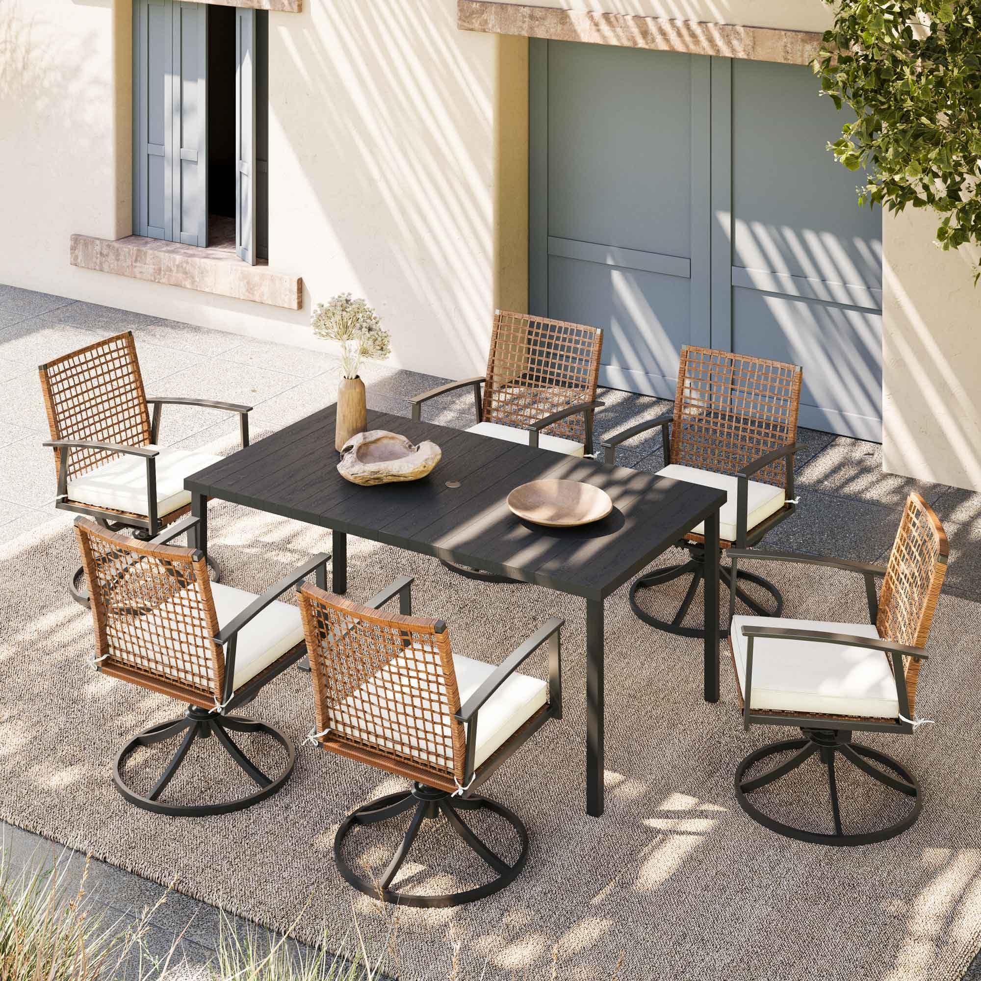 LAUSAINT HOME 7 Pieces Patio Dining Set, Outdoor Furniture Set of 6 Swivel Chairs with Soft Cushion and Iron Slats Table Top with Umbrella Hole, Conversation Set for Backyard