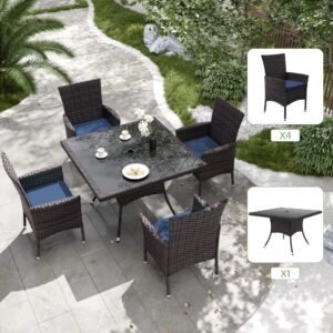 Rwnnad 5-Piece Patio Outdoor Dining Set, Patio Wicker Furniture Dining Sets of 4 Rattan Chairs with Soft Cushions and Square Table with Umbrella Cutout, Navy Blue