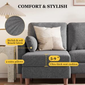 LINSY HOME Convertible Sectional Couch, Bouclé U-Shaped Sofa with Double Chaises and 2 Pillows, 4-Seat Modern Deep Oversized Couch for Living Room, Dark Grey