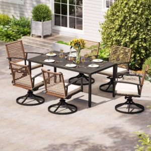 LAUSAINT HOME 7 Pieces Patio Dining Set, Outdoor Furniture Set of 6 Swivel Chairs with Soft Cushion and Iron Slats Table Top with Umbrella Hole, Conversation Set for Backyard