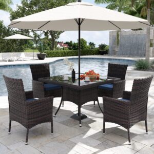 Rwnnad 5-Piece Patio Outdoor Dining Set, Patio Wicker Furniture Dining Sets of 4 Rattan Chairs with Soft Cushions and Square Table with Umbrella Cutout, Navy Blue