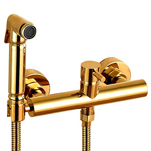 MINJING Bidet Faucet Gold, Hot and Cold Water Mixer Bidet Sprayer, Single Handle Wall Mount Bathroom Toilet Bidet Faucet, Handheld Bidet Sprayer for Toilet