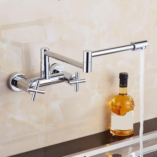 HGMAISON Copper Chrome Folding Wall Kitchen Faucet Universal Rotating Hot and Cold Vegetable Basin Faucet Sink Bath Faucet (Type A Double Handle Kitchen Faucet)