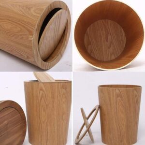 Jeorywoet Wood Waste Bin with Swing Lid Round Trash Can Kitchen Garbage Basket for Bedroom, Wood Trash Can