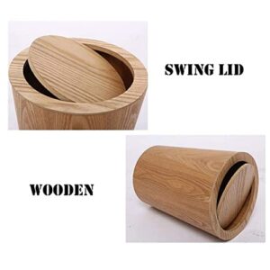 Jeorywoet Wood Waste Bin with Swing Lid Round Trash Can Kitchen Garbage Basket for Bedroom, Wood Trash Can