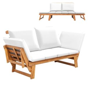 greesum patio convertible couch sofa bed with adjustable armrest, acacia wood outdoor daybed with cushion & pillow, folding chaise lounge bench for porch courtyard poolside，white