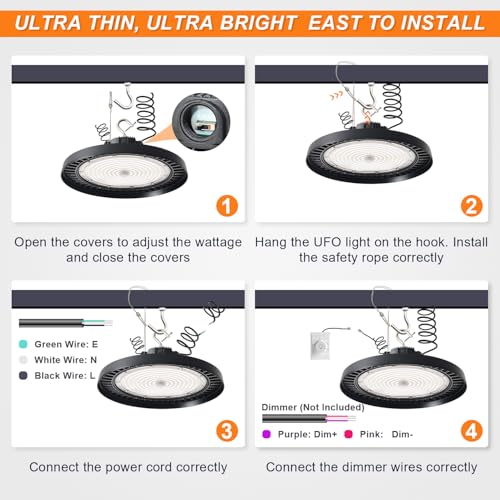 480V UFO LED High Bay Light 150W 120W 100W Adjustable, 0-10V Dimmable 5000K High Bay LED Shop Lights (500W MH/HPS Equivalent), IP65 Commercial Bay Lighting for Warehouse Factory, AC 277-480V