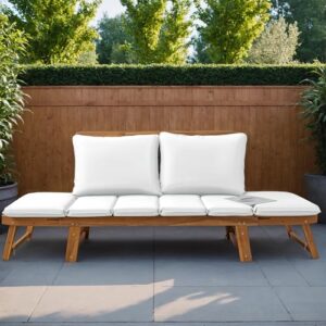 Greesum Patio Convertible Couch Sofa Bed with Adjustable Armrest, Acacia Wood Outdoor Daybed with Cushion & Pillow, Folding Chaise Lounge Bench for Porch Courtyard Poolside，White