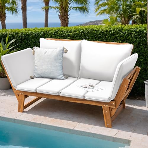 Greesum Patio Convertible Couch Sofa Bed with Adjustable Armrest, Acacia Wood Outdoor Daybed with Cushion & Pillow, Folding Chaise Lounge Bench for Porch Courtyard Poolside，White