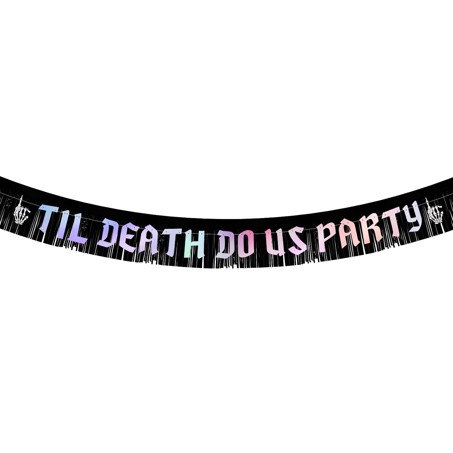 Til Death Do Us Party Banner with Fringe Garland, Halloween Banner Pre-Strung Bachelorette Party Garland Anniversary Party Decoration Sign for Bride Groom Wedding Backdrop (Black & Iridescent)