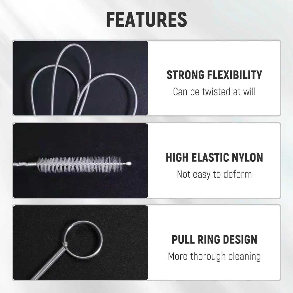 Car Drain Dredge Cleaning Scrub Brush, Stainless Steel Flexible Long Drain Brush, Elastic Nylon Cleaner Hose Tube Pipe Brush, Straw Cleaning Brush for Clearing Narrow Drains Gaps (Black Bristles)