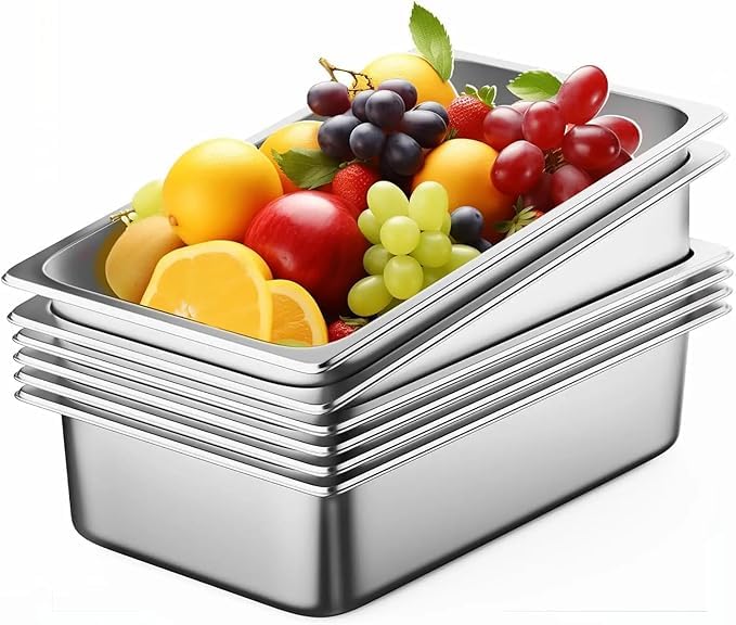 Generic 6 Pack Stainless Steel Buffet 4"" Deep Anti-Jam Containers 1/1,1/2,1/3,1/4 Steam Table Pan With Lid, Restaurant and Commercial Pans, Hotel Pan, Chafing Steam Table Catering Storage (1/1)