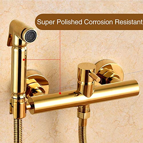 MINJING Bidet Faucet Gold, Hot and Cold Water Mixer Bidet Sprayer, Single Handle Wall Mount Bathroom Toilet Bidet Faucet, Handheld Bidet Sprayer for Toilet