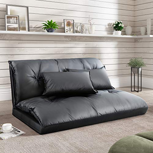 EOVTK Adjustable Lazy Sofa with 2 Pillows, PU Leather Loveseat Recliner, 5 Position Floor Couch Video Gaming Foldable Mattress Futon Sleeper Bed for Bedroom, Living Room, Black