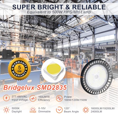 480V UFO LED High Bay Light 150W 120W 100W Adjustable, 0-10V Dimmable 5000K High Bay LED Shop Lights (500W MH/HPS Equivalent), IP65 Commercial Bay Lighting for Warehouse Factory, AC 277-480V