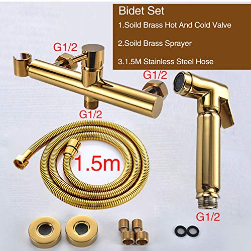 MINJING Bidet Faucet Gold, Hot and Cold Water Mixer Bidet Sprayer, Single Handle Wall Mount Bathroom Toilet Bidet Faucet, Handheld Bidet Sprayer for Toilet