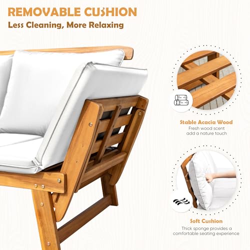 Greesum Patio Convertible Couch Sofa Bed with Adjustable Armrest, Acacia Wood Outdoor Daybed with Cushion & Pillow, Folding Chaise Lounge Bench for Porch Courtyard Poolside，White