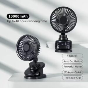 Portable Clip on Fan, 10000mAh Powerful 180° Oscillating Stroller Accessories, 4 Speeds ,Small Desk Fan, Personal Cooling Fan, Rechargeable Table Fan with Battery Operated, for Home Office Outdoor