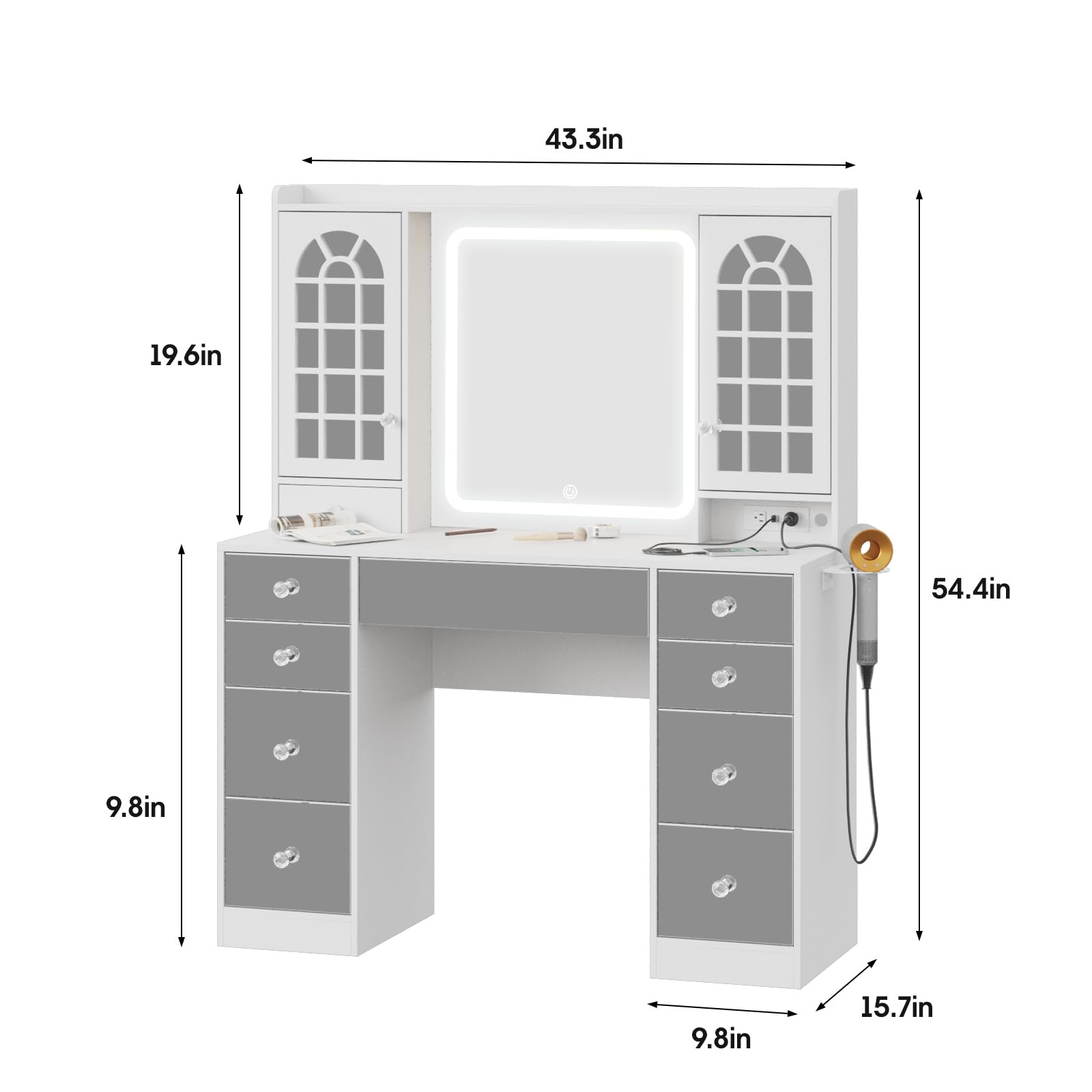 Maupvit Makeup Vanity Desk with Mirror and Lights, Large Vanity Desk with Storage Cabinet and 9 Drawer, White Vanity Table with Power Strip, 3 Lighting Modes, Brightness Adjustable, 43.3in(L)