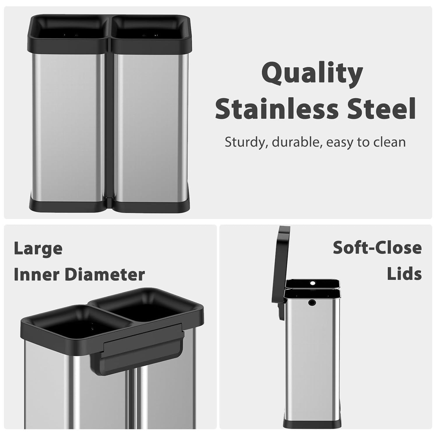 TrailBlaze 2x7.9 Gallon Kitchen Trash Can, Dual Compartment Waste Bins, Open Top, No Lid Stainless Steel Trash Bin for Kitchen, Office, Restaurant