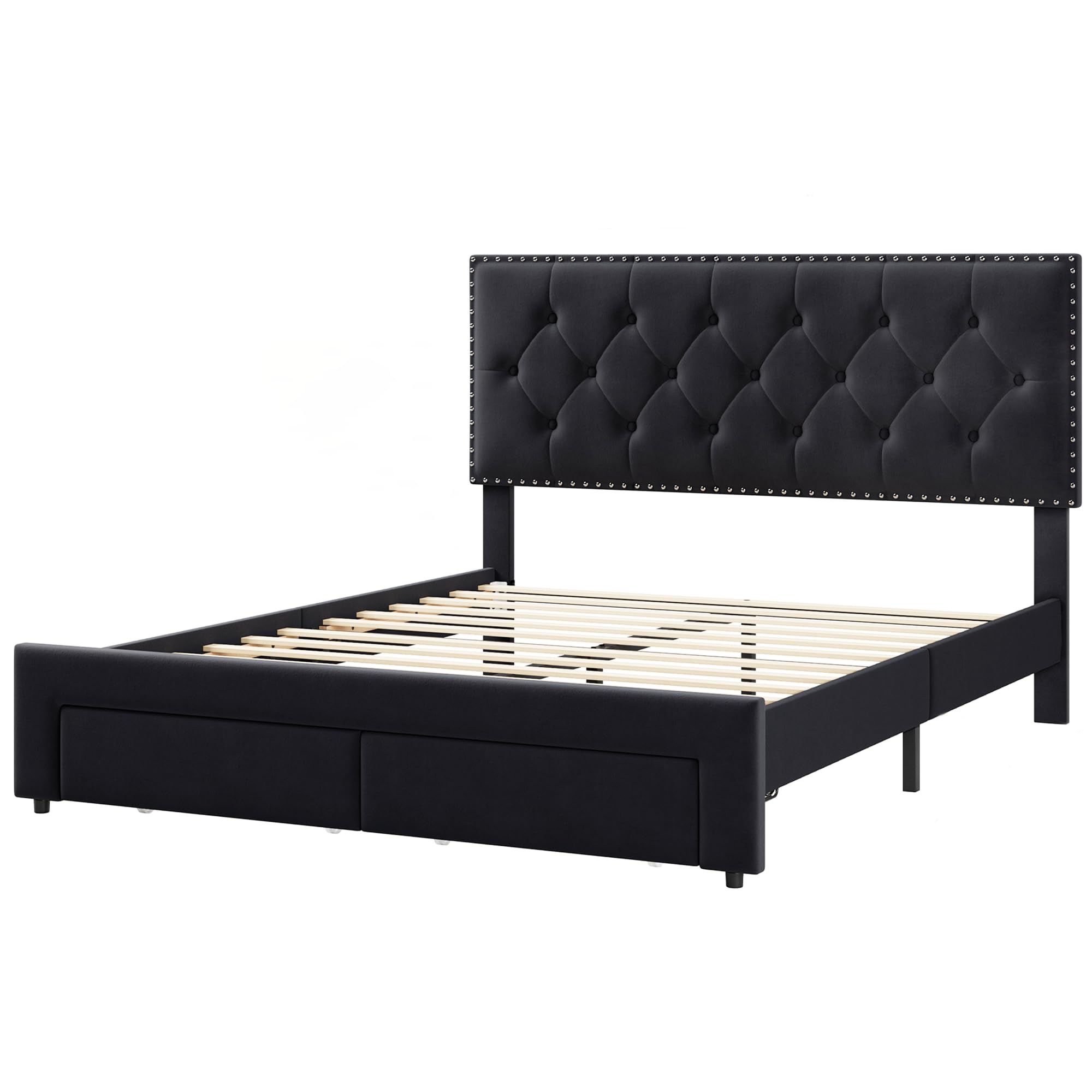 GarveeHome Upholstered Queen Bed Frame with 2 Storage Drawers, Velvet Platform Bed Frame with Button Tufted Rivets Headboard, Heavy Duty, No Box Spring Needed, Easy Assembly, Black