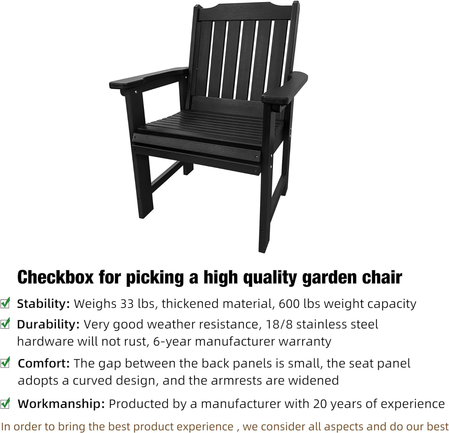 Fortune Candy HDPE Patio Dinning Chair, Outdoor Chair with 18/8 Stainless Steel Hardware, Heavy Duty 600 LBS, for Outdoor Patio Garden Yard (Carbon Black)