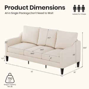 Luxury 72" Comfy Sofa Couch with Spring Cushion Comfy Upholstered 3 Seater Sofa Love-Seat Sofas & Couches with Deep Seat And Ultra Thick Cushion Compact Small Couch for Bedroom Apartment Office Beige