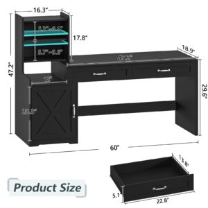 YOMILUVE 60" Computer Desk with 2 Drawer & Bookshelves, Home Office Desk with Storage Cabinet & Spacious Desktop, Writing Gaming Study Table with Bookcase, Black