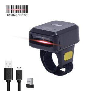 1D Ring Barcode Scanner Compatible with BT Function 2.4GHz Connection Portable Wearable Mini Finger Bar Code Reader Used for Warehouse Inventory Store Pharmacy Supermarket (1D