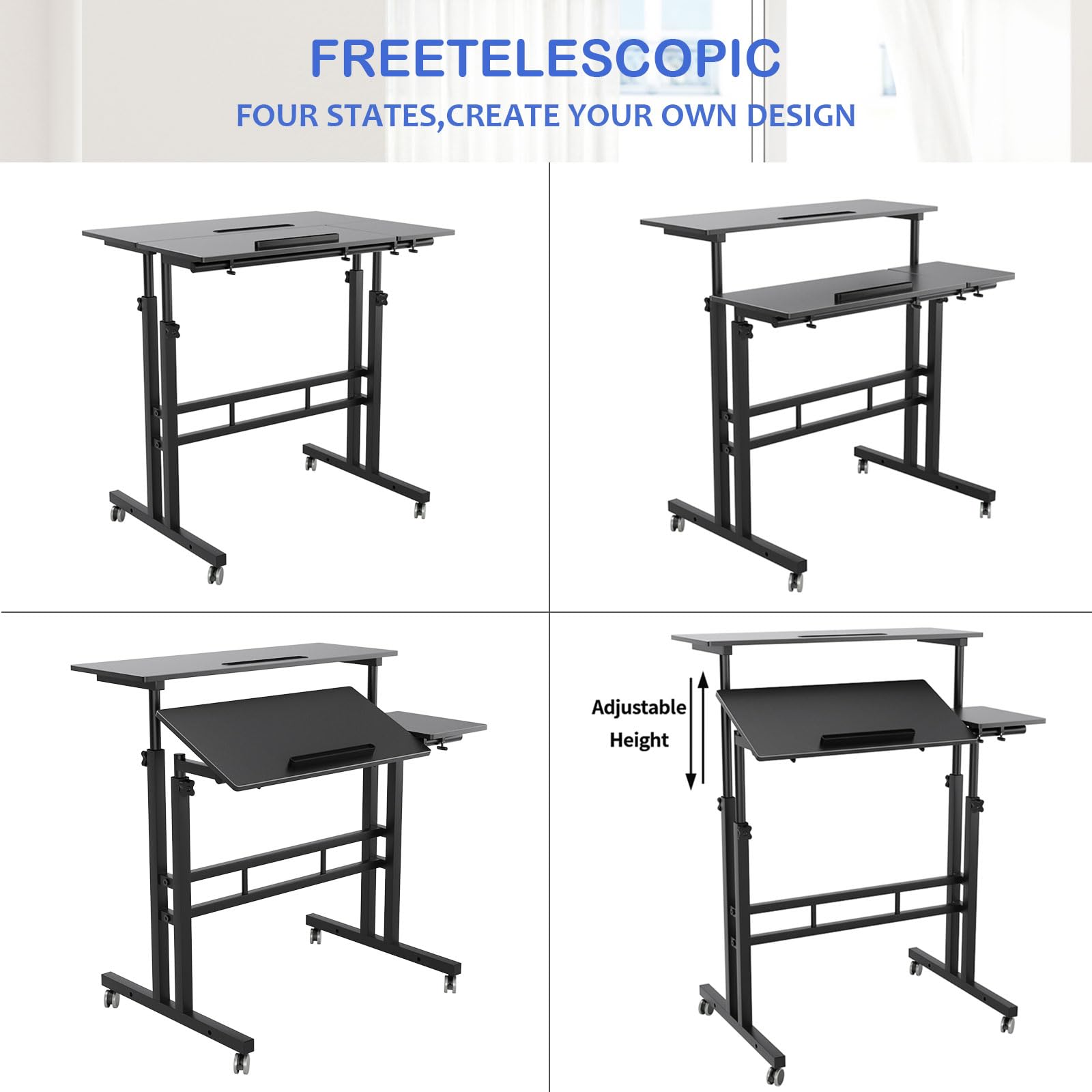 sogesfurniture Standing Desk,Laptop Workstation on Wheels, Adjustable Computer Desk for Standing or Sitting, Black