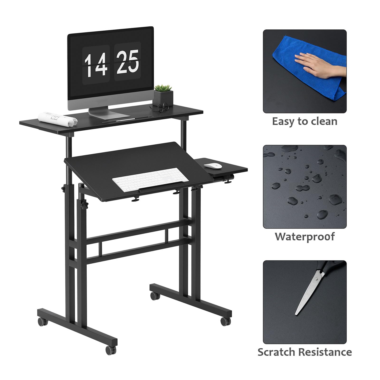 sogesfurniture Standing Desk,Laptop Workstation on Wheels, Adjustable Computer Desk for Standing or Sitting, Black