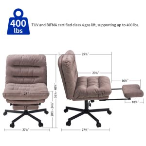 KUMEPOJO Armless Office Chair with Wheels 400 lbs, Cross-Legged Wide Comfy Office Chair, with Rocking Feature, Retractable Leg Rests, Locking Caster Wheels, Mocha-Colored Velvet Waterproof Fabric