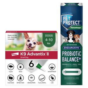 bundle of k9 advantix ii small dog| dogs 4-10 lbs. | 6-mo supply + pet protect probiotic balance+ dog supplement | oral gel | 32g