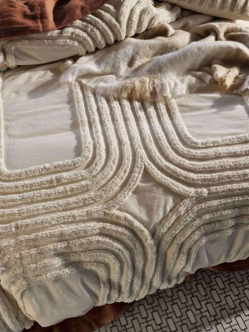 Tufted Duvet Cover King Boho Bedding Tufted King Size Duvet Covers for All Season 1 Duvet Cover 2 Pillow Shams Shabby Chic Bedding Home Bedding Duvet Cover (White-King Size-90x104)