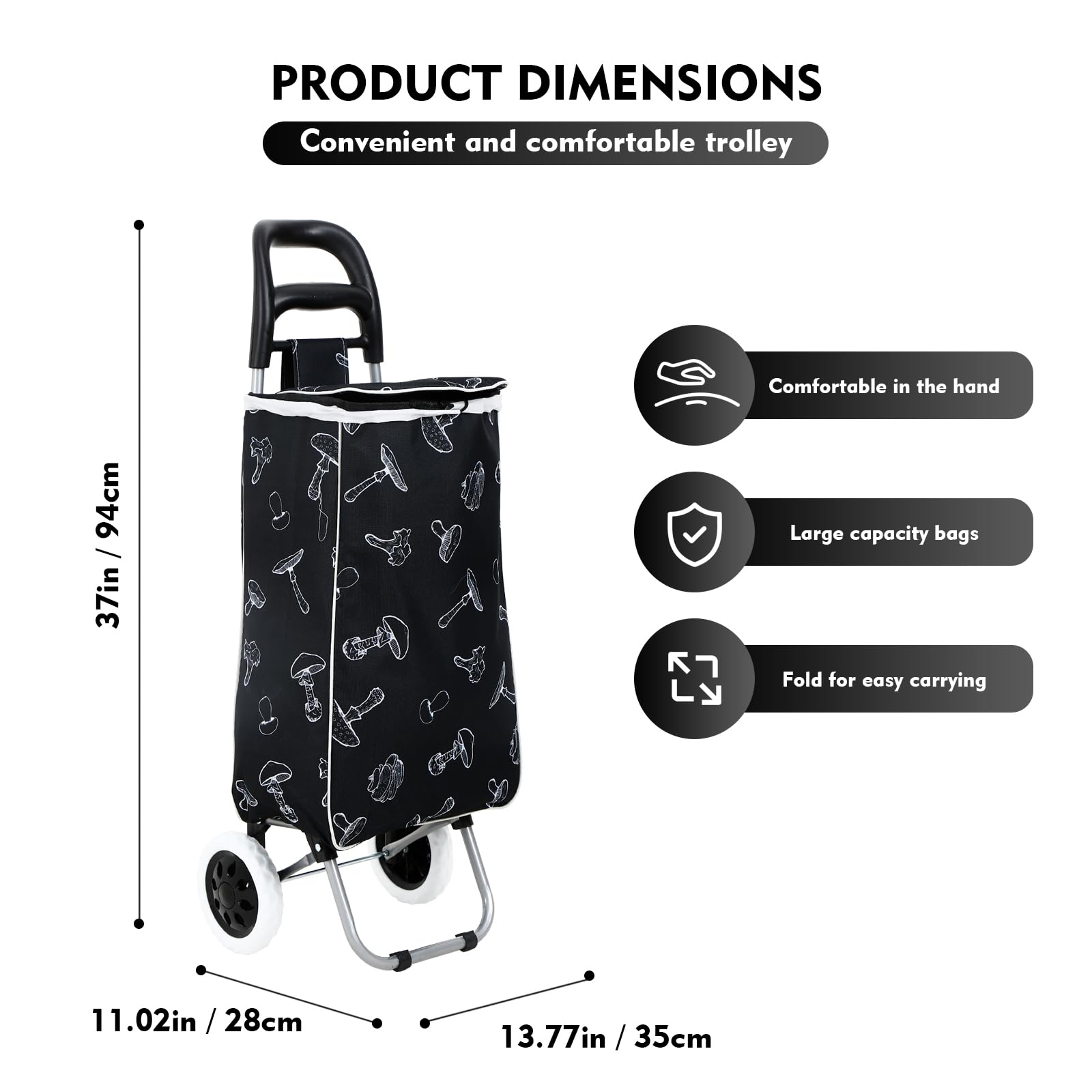 Shopping Truck Folding Grocery Wheels Cart Foldable Shopping Bag Hand Truck 37 inch Handle Height Storage 13.77'’x11''x37'' (05BY)