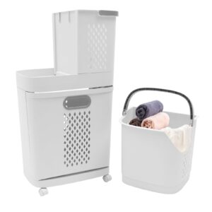 laundry basket with wheels, 2-tier rolling laundry sorter with removable storage basket&4 wheels floor-standing large hand-held for bathrooms bedrooms laundry rooms