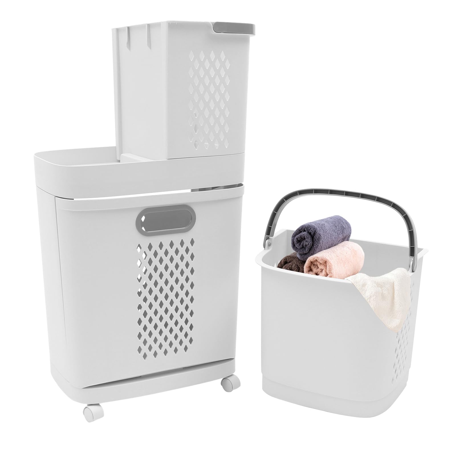 Laundry Basket with Wheels, 2-Tier Rolling Laundry Sorter with Removable Storage Basket&4 Wheels Floor-Standing Large Hand-Held for Bathrooms Bedrooms Laundry Rooms