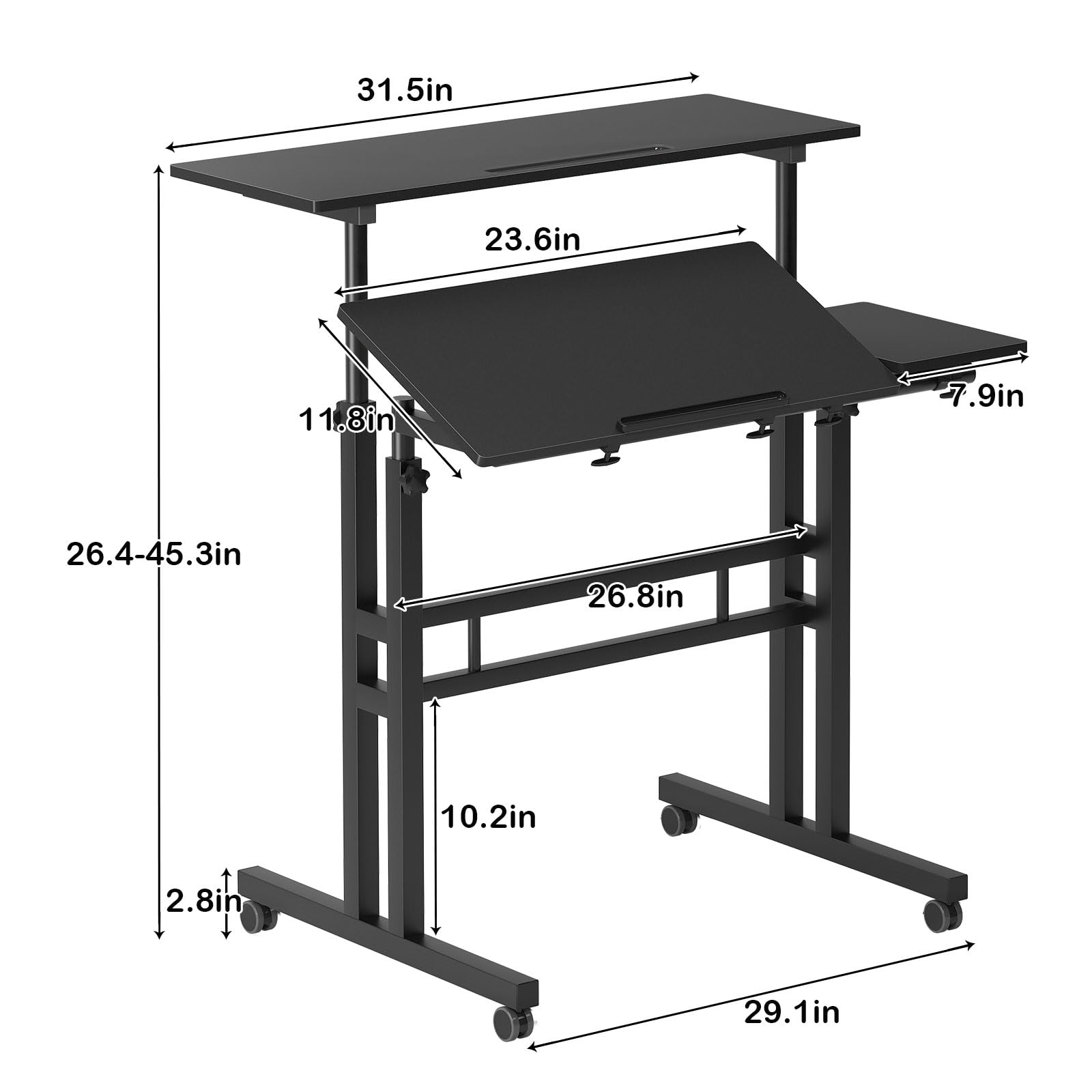 sogesfurniture Standing Desk,Laptop Workstation on Wheels, Adjustable Computer Desk for Standing or Sitting, Black