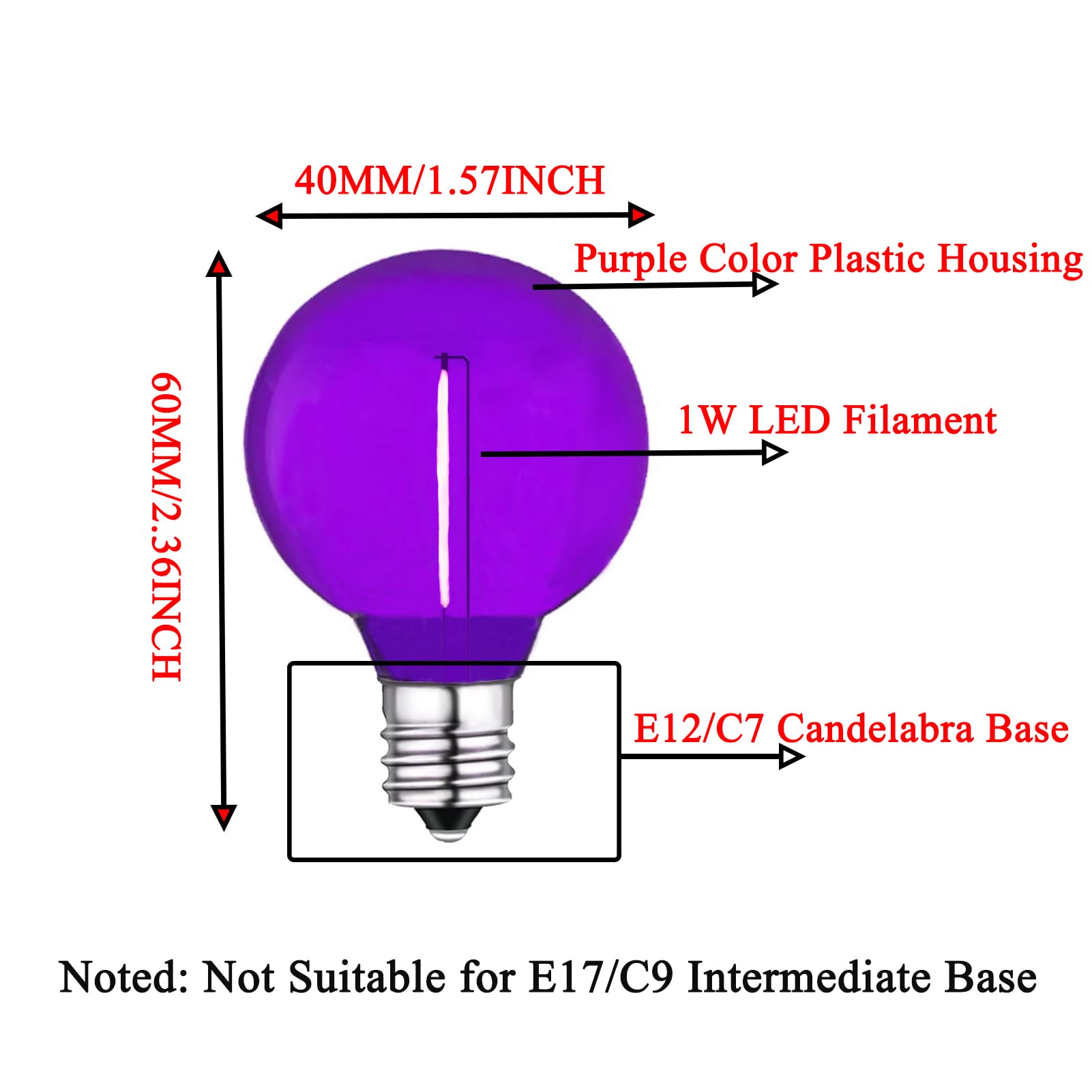 LRSUEYSKIN G40 Purple LED Replacement Bulb 1W Light Bulbs Shatterproof Waterproof LED Outdoor String Lights Decorative Night Light E12/C7 Candelabra Base for Wedding Patio Garden Yard,15 Pack(Purple)