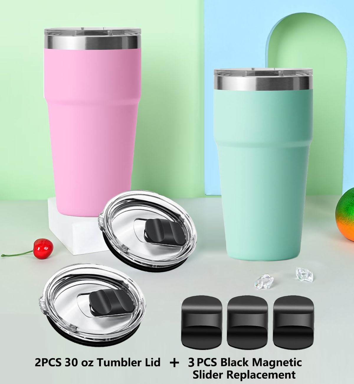 2PCS 30 oz Tumbler Lid for YETI, with 3 Black Magnetic Slider Replacement, Replacement Cup Lids Covers Compatible for YETI 30 oz Tumbler, 14 oz Mug and 35 oz Straw Mug