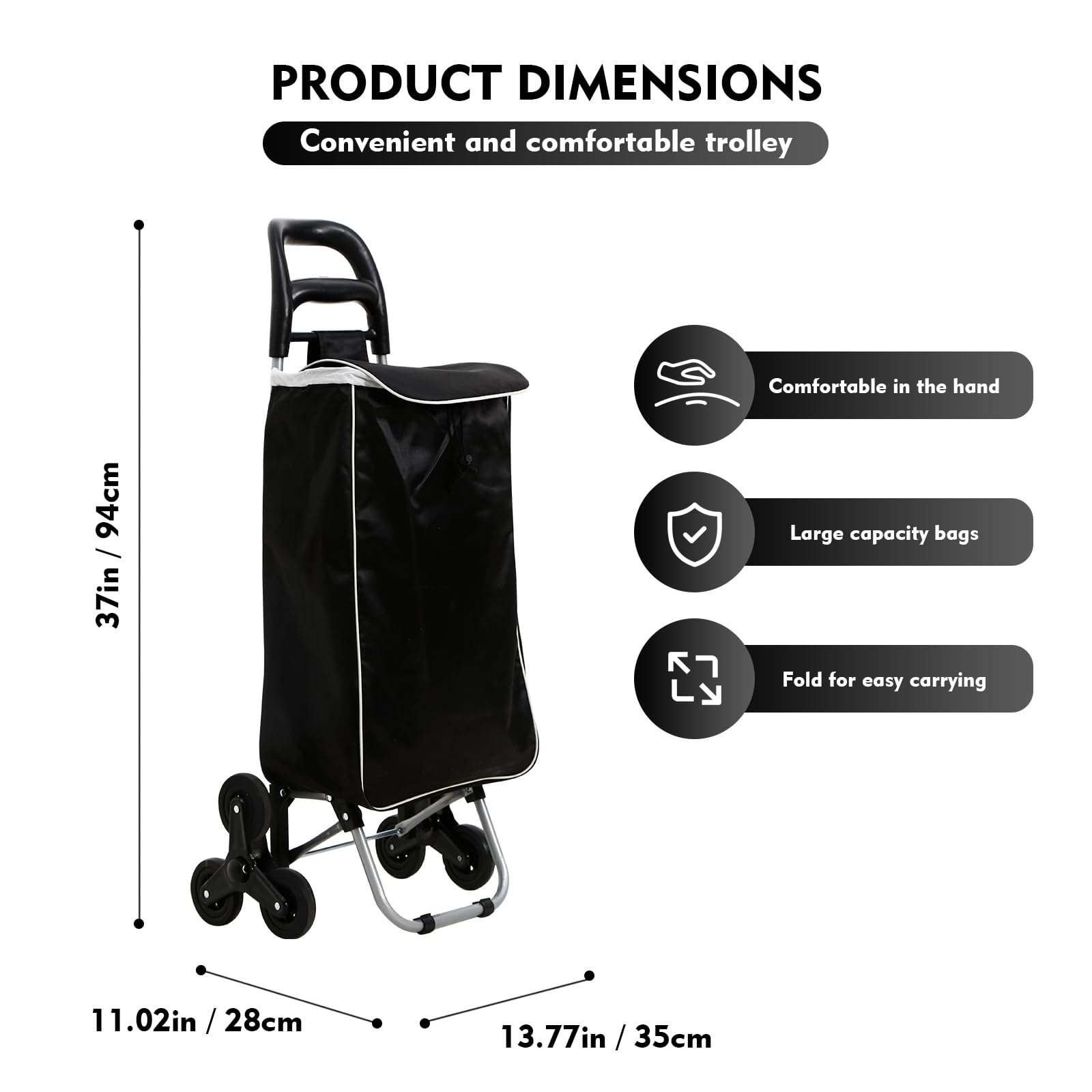 Shopping Truck Stair Climber Folding Grocery 6Wheels Cart Foldable Shopping Bag Hand Truck 37 inch Handle Height Storage 13.77'’x11''x37'' (BK)