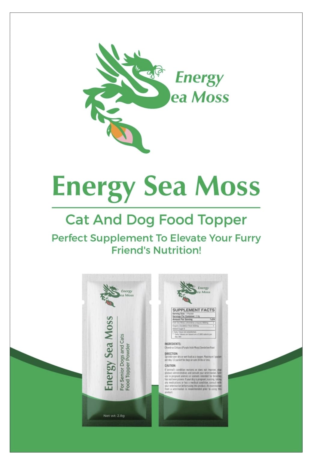 Energy Sea Moss Senior Dogs & Cats Food Topper Powder - Nutrient-Rich, Supports Joint Health, Boosts Energy, Improves Coat - 1 Packet/Day, Box of 12