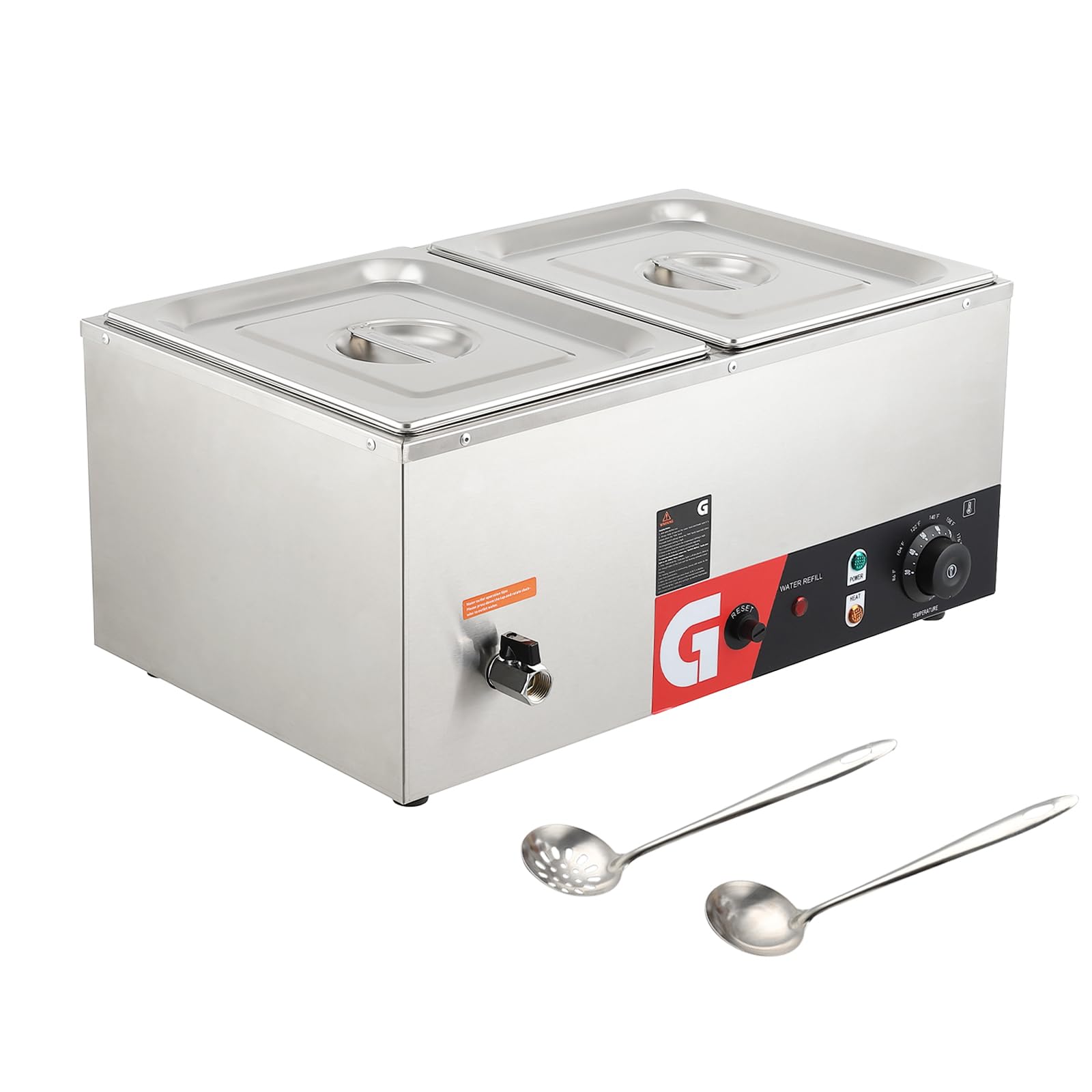 GarveeHome Commercial Food Warmer - 2 * 10.5QT Generous Capacity, 1200W Electric Steam Table, Stainless Steel, Efficient Heating, 86-185°F Temp Control for Catering and Restaurants