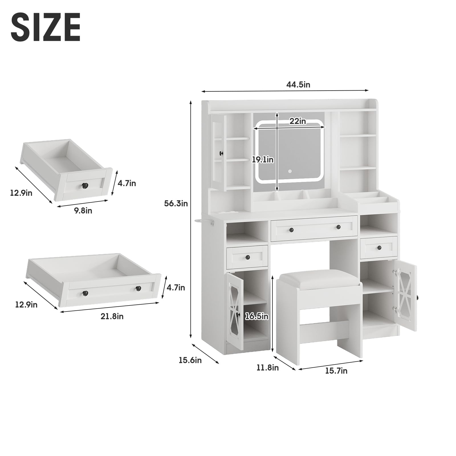 Maupvit Vanity Desk with Mirror and Lights,Makeup Vanity Table with Cushioned Stool and Charging Station,3 Lighting Modes Adjustable Brightness,Drawers,Power Outlet,Shelves,White