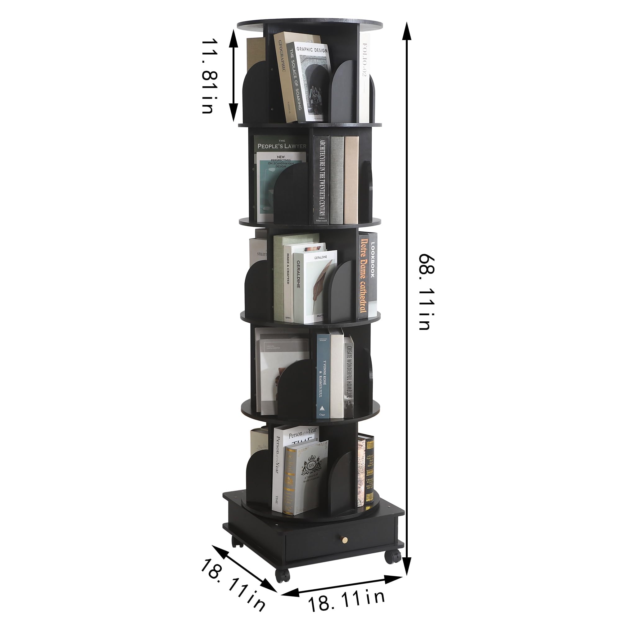 DGYLHBJ 360 Solid Wood Rotating Bookshelf,Bookcase on Wheels,Rotating Bookshelf with Drawer,360°Display Bookcase, Revolving Bookcase for Office,Bedroom, Living Room, Study, Library (Black)