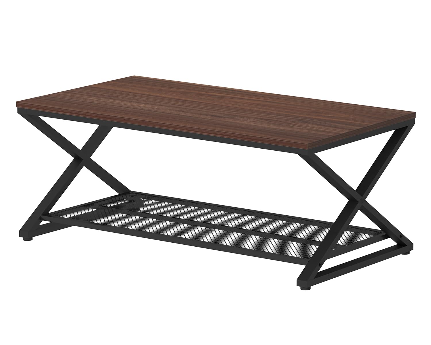 LVB Walnut Coffee Table with Storage, Metal Wood Rectangle Living Room Table, Industrial 2 Tier Center Table with Mesh Shelf, Vintage Wooden Middle Concrete Tables for Office Bedroom, 39 inch, Walnut