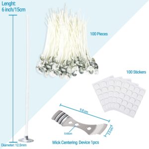 TheAmbrella Candle Wicks 100Pcs- 6inch Long Pre-Waxed Wicks with 100 Wick Stickers & 3-Hole Wick Centering Tool - Low Smoke & Longer Burning Time - Perfect for DIY Candles