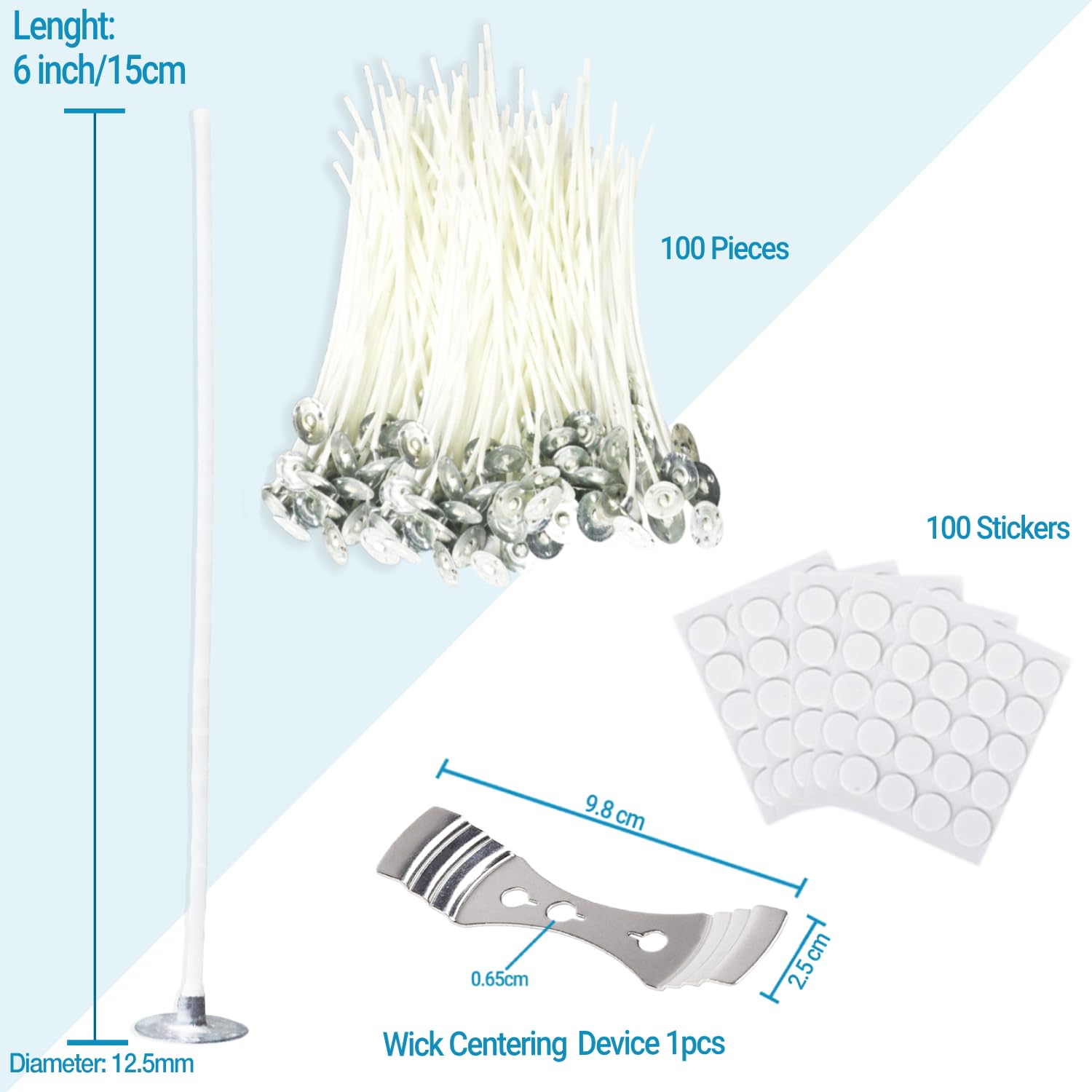 TheAmbrella Candle Wicks 100Pcs- 6inch Long Pre-Waxed Wicks with 100 Wick Stickers & 3-Hole Wick Centering Tool - Low Smoke & Longer Burning Time - Perfect for DIY Candles